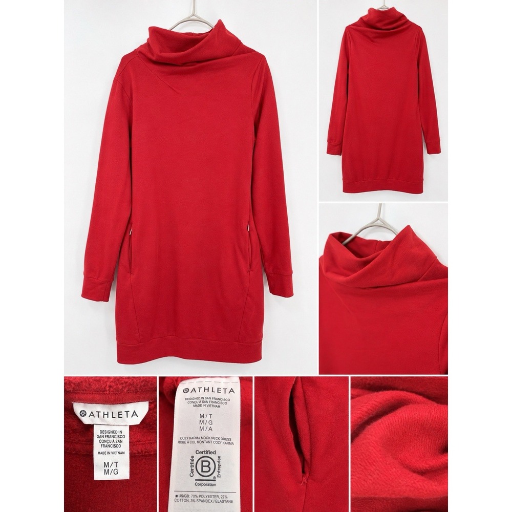 Athleta Cozy Karma Mockneck Dress Women's Medium Red Sweatshirt Long Sleeve